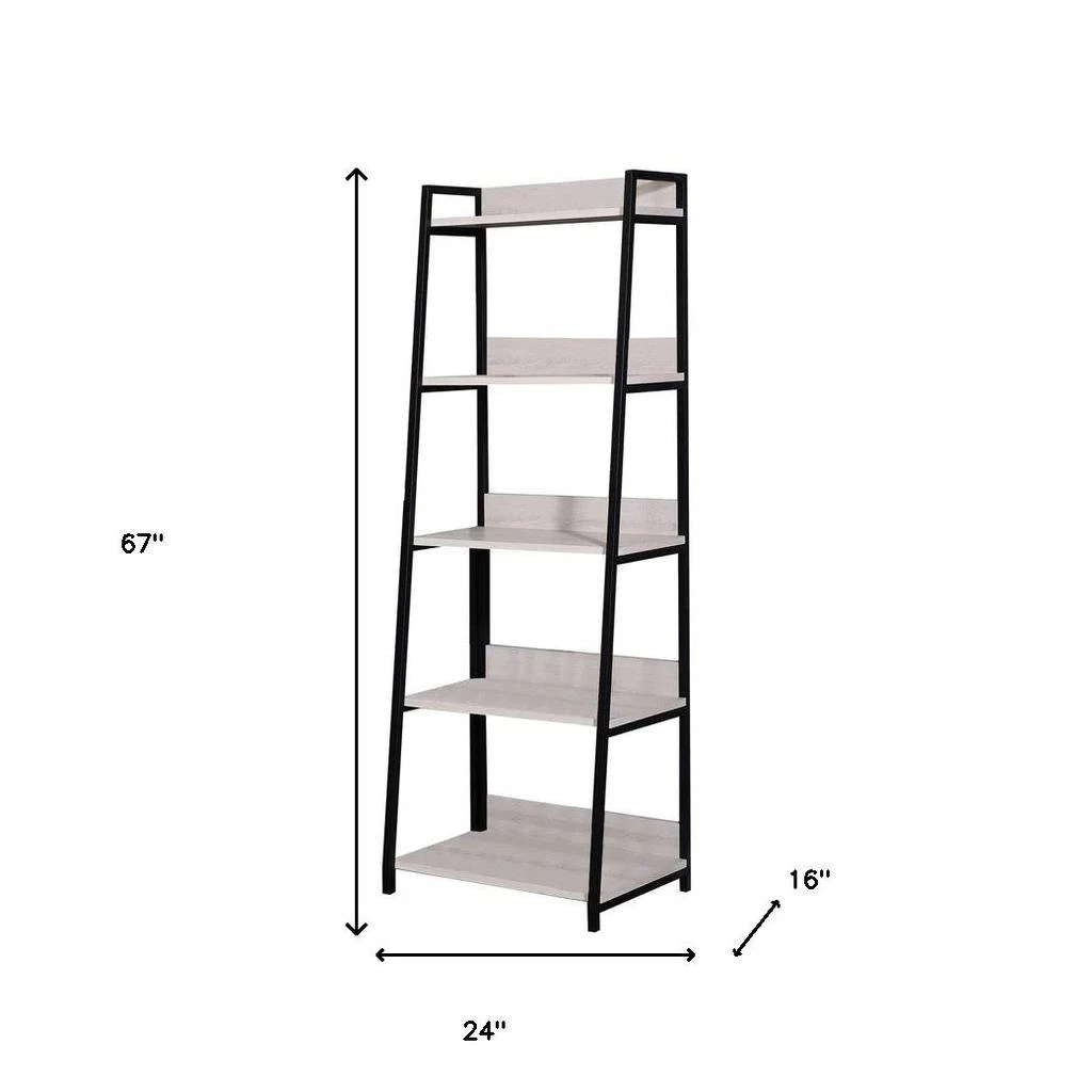 Hivvago 67" Natural and Black Metal Five Tier Ladder Bookcase 4
