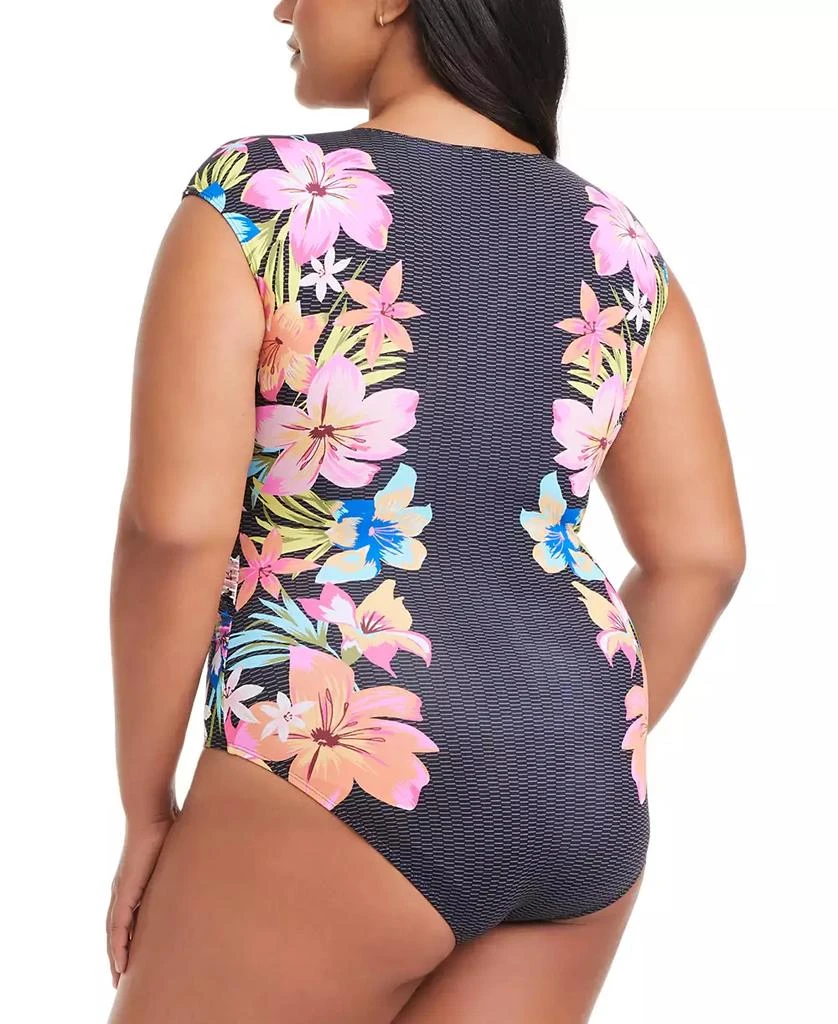 Bleu Rod Beattie Plus Size Border-Print Sweet Escape Cap-Sleeve Zip-Front Swimsuit 2