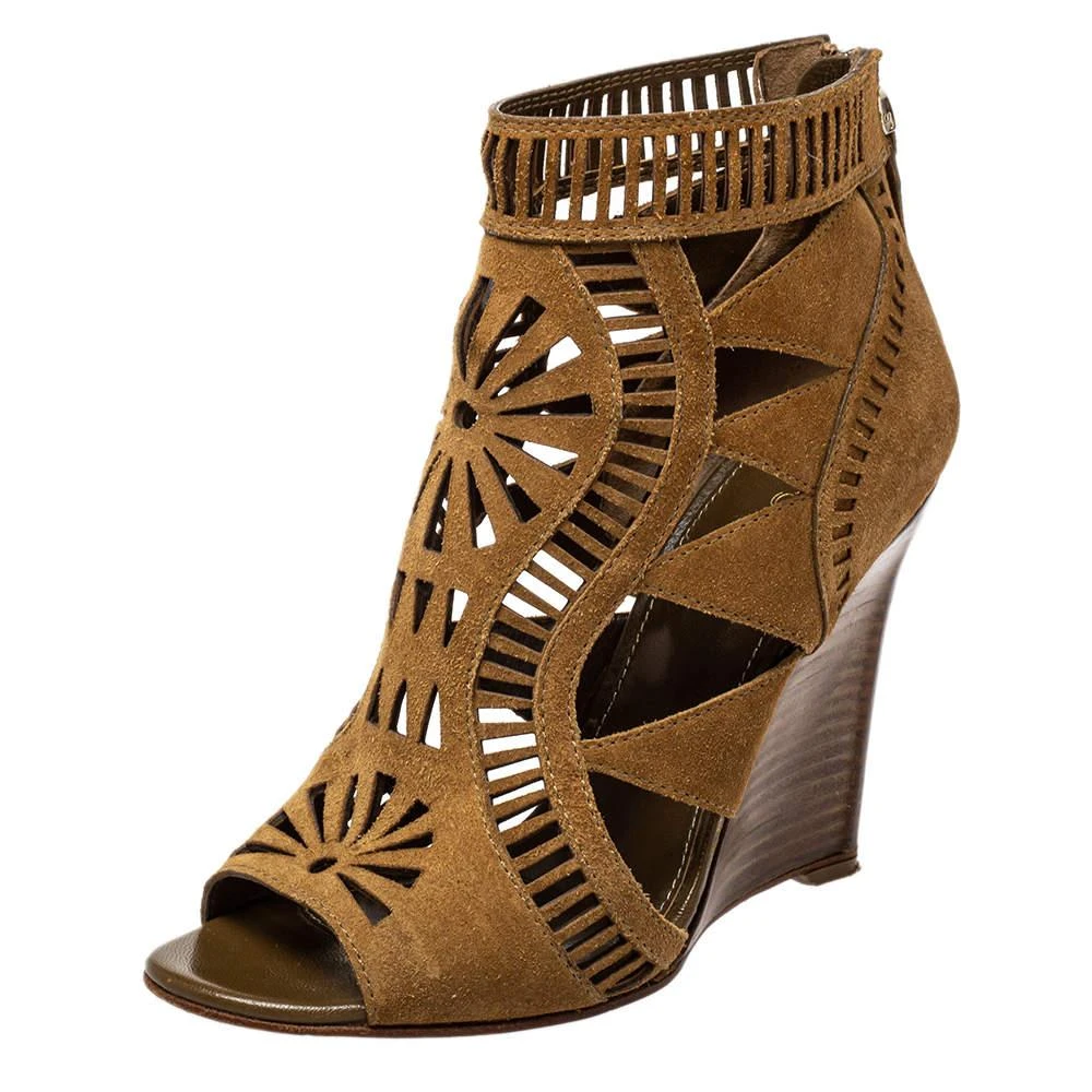 Sergio Rossi Sergio Rossi Brown Laser Cut Suede Open Toe Booties Size 36 1