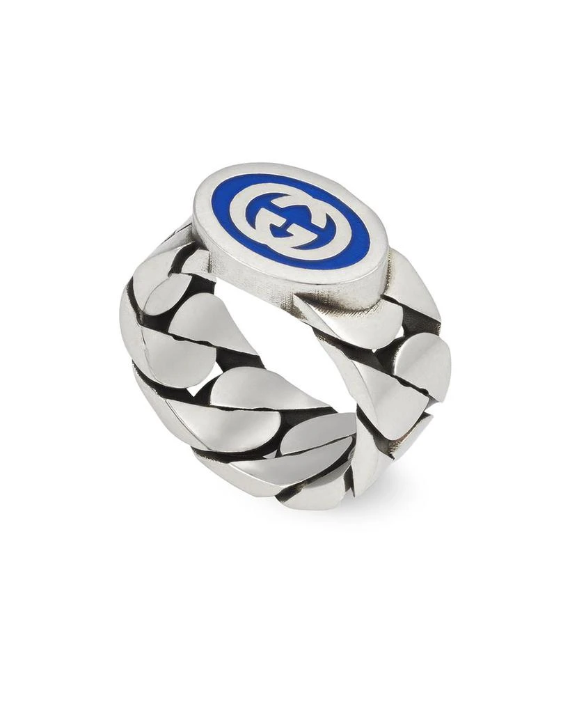 Gucci Sterling Silver Interlocked G Blue Enamel Logo Chain Link Ring 1