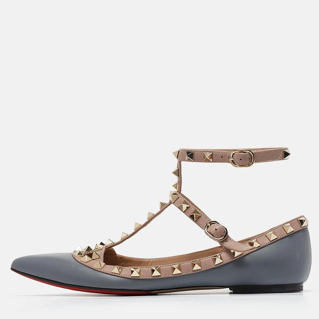 Valentino Valentino Grey/Dusty Pink Leather Rockstud Ankle Strap Flats Size 37 1