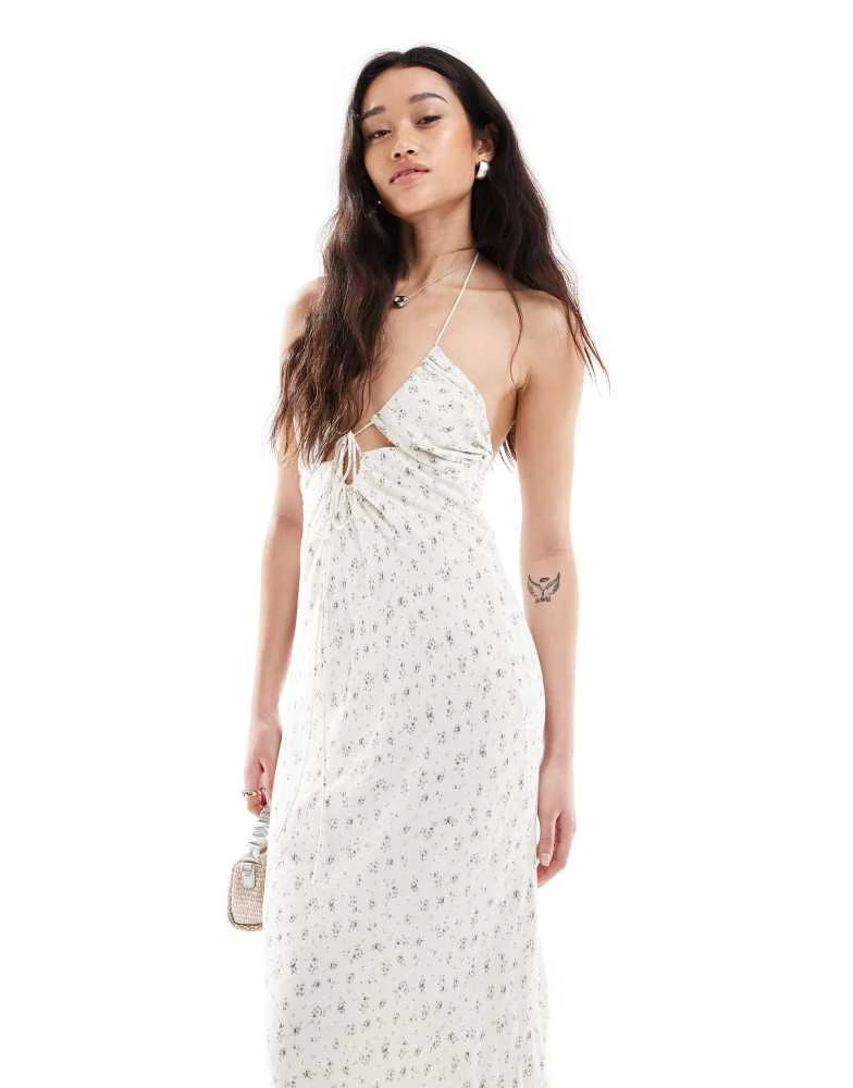 Bershka halterneck tie front maxi dress in ecru floral  On Sale Now with  Up to 26% Off | Discover Exclusive Deals & Savings at BeyondStyle   Authentic Bershka Home|women with Limited-Time