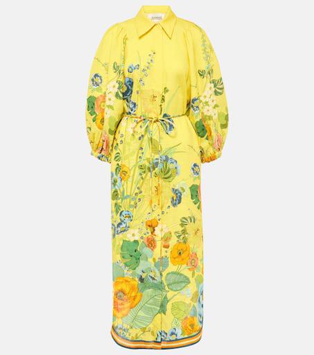 Alémais Floral puff-sleeve linen midi dress