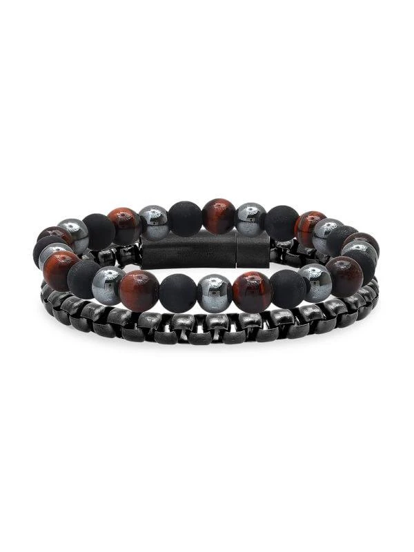 Anthony Jacobs 2-Piece Stainless Steel, Black Lava, Hematite, & Red Tiger Eye Beaded Bracelet Set 1