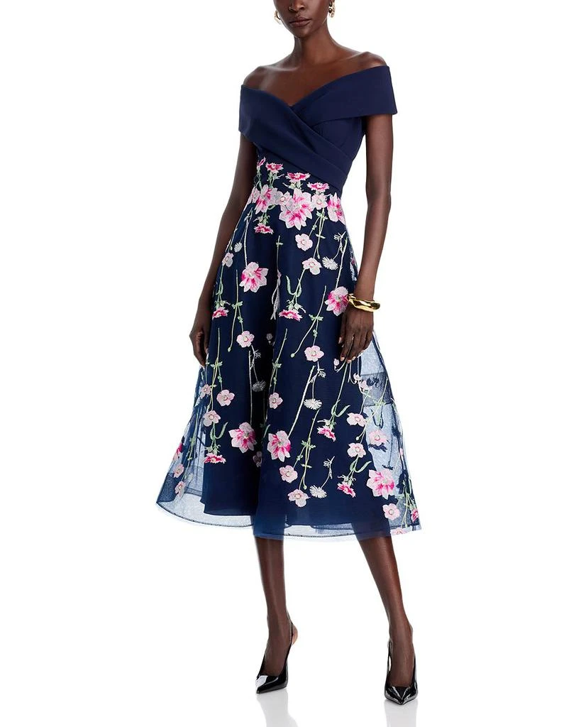 Teri Jon Crepe Off-the-Shoulder Embroidered Tulle Dress 1