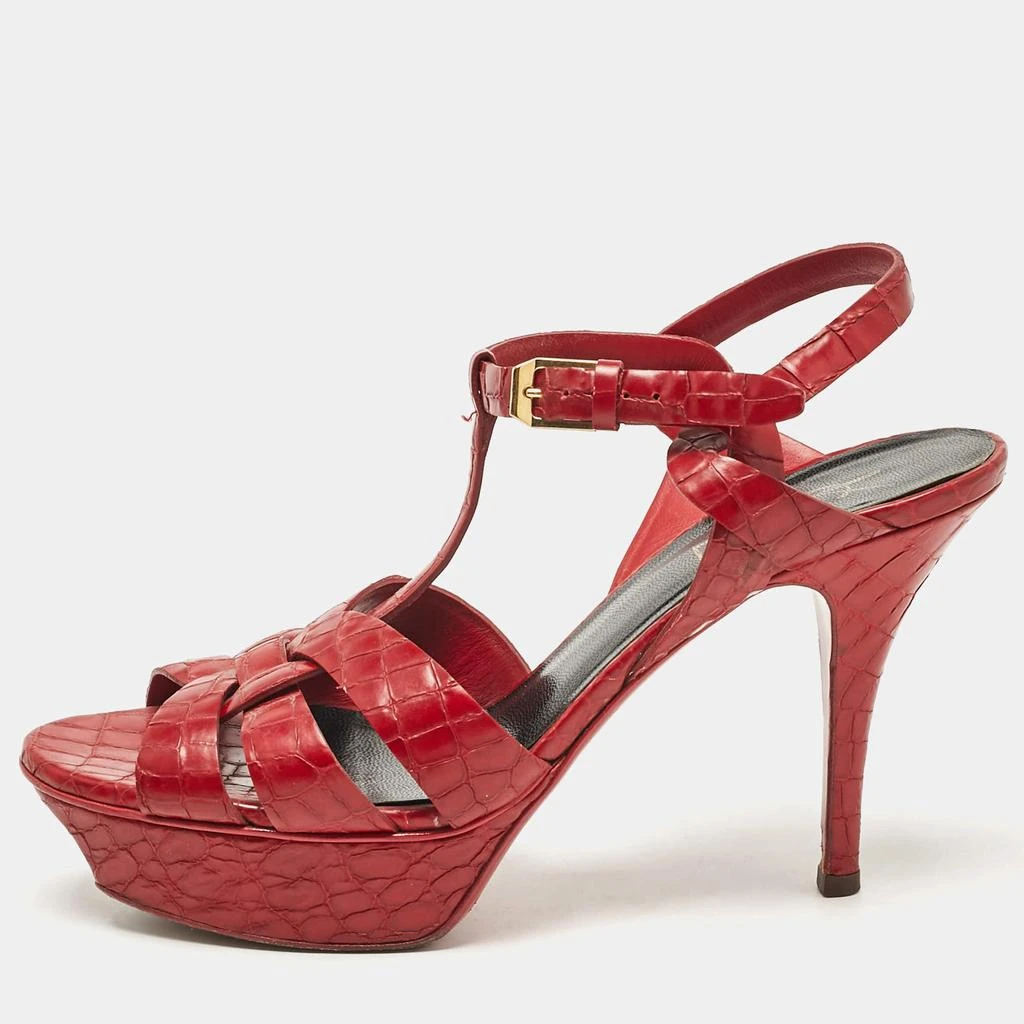 Yves Saint Laurent Saint Laurent Red Croc Embossed Leather Tribute Platform Sandals Size 37 1