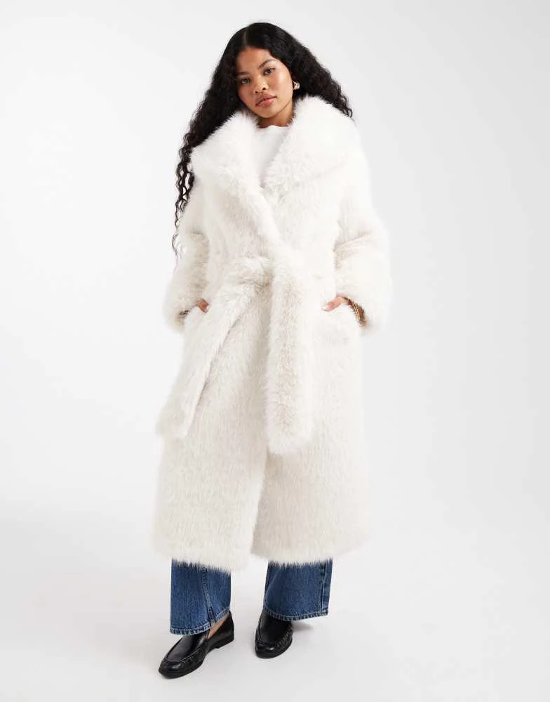 ASOS ASOS DESIGN Petite longline belted faux fur coat in cream 3