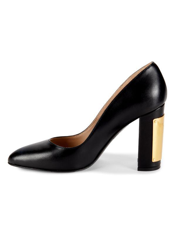 Shop 95MM Leather Block Heel Pumps on Sale at BeyondStyle