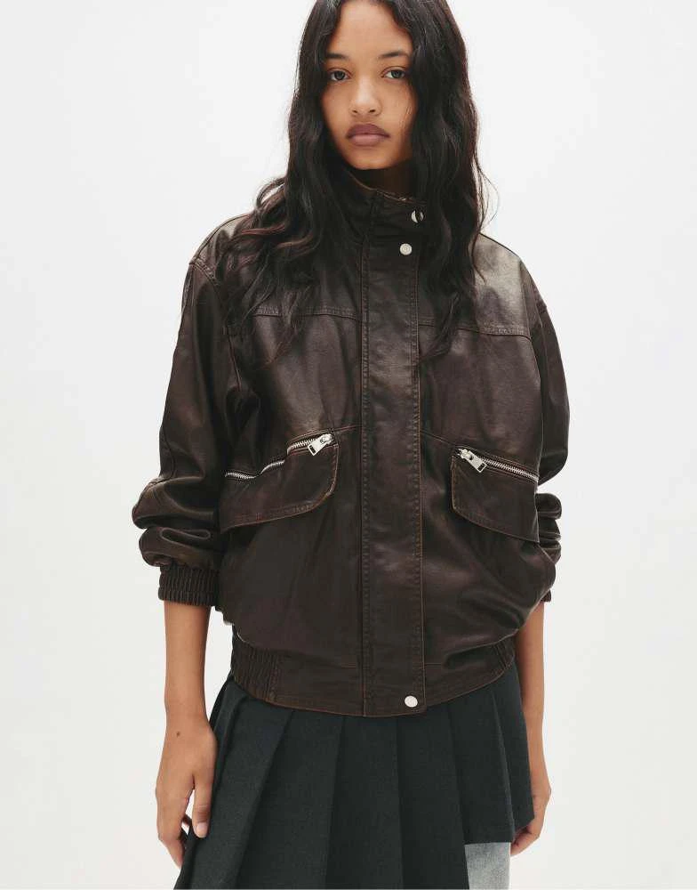 Pull&Bear Pull&Bear Dad leather-effect jacket in dark brown 1