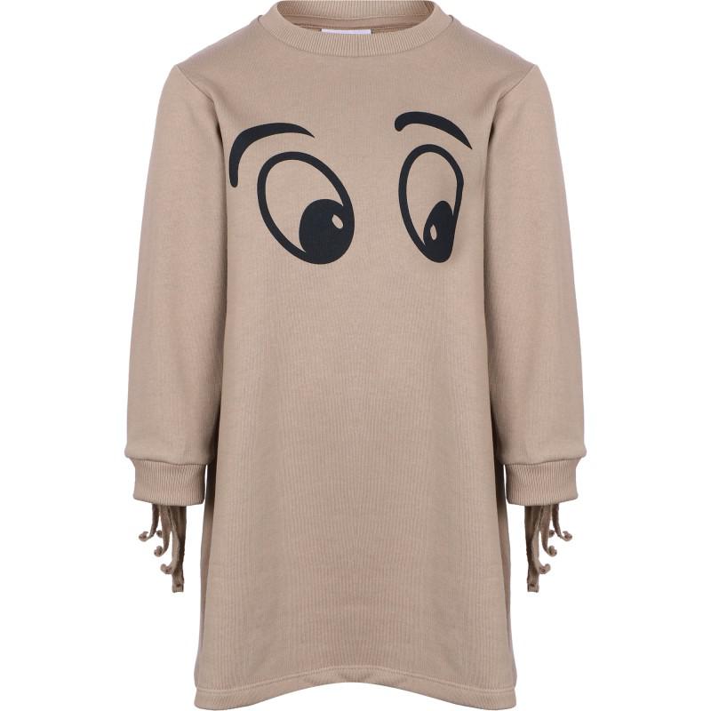 Loud Apparel Logo eyes print fringed sleeves organic dress in beige