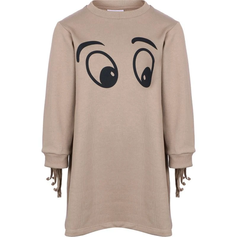 Loud Apparel Logo eyes print fringed sleeves organic dress in beige 1