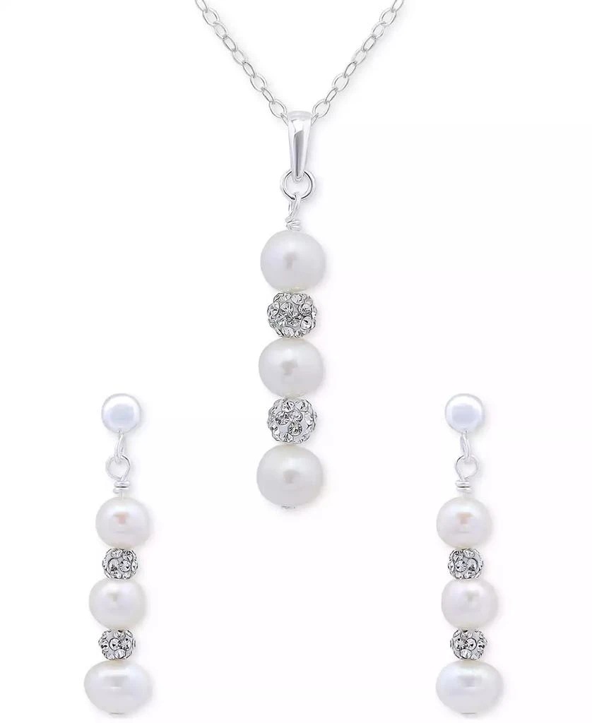 Macy's Cultured Freshwater Pearl (5-7mm) & Crystal Pendant Necklace & Matching Drop Earrings Set in Sterling Silver 1