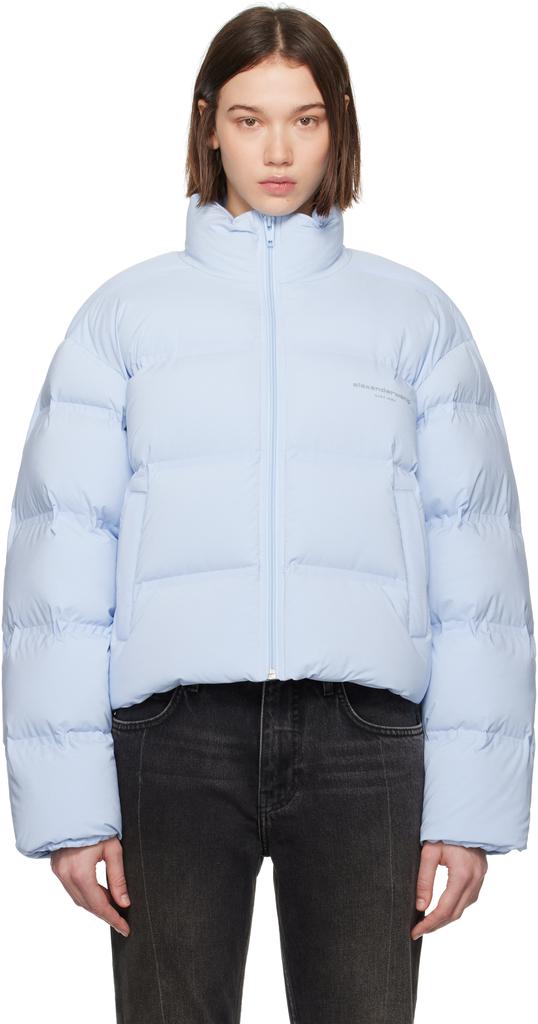 Alexander Wang Blue Cropped Reflective Logo Down Jacket