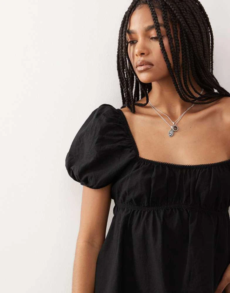 Monki Monki linen mini dress with puff sleeves in black exclusive to ASOS 3