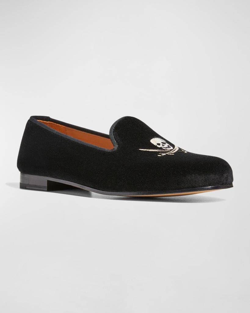 Stubbs and Wootton Men's Jolly Roger Skull Embroidered Velvet Smoking Slippers
