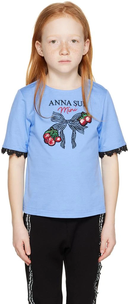 ANNA SUI MINI Kids Blue Embroidered T-Shirt 1