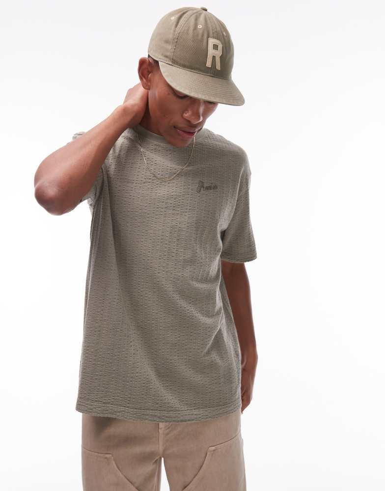 Topman Topman oversized fit seersucker t-shirt with promises embroidery in khaki