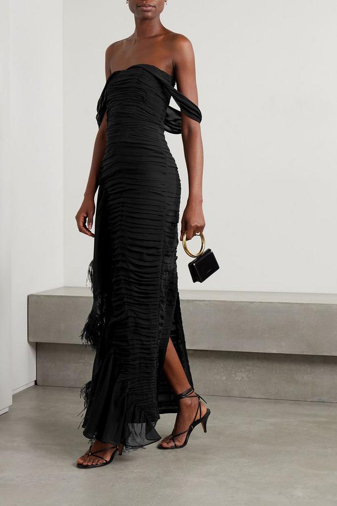 Sandra Mansour Water Body off-the-shoulder feather-trimmed silk-blend georgette maxi dress
