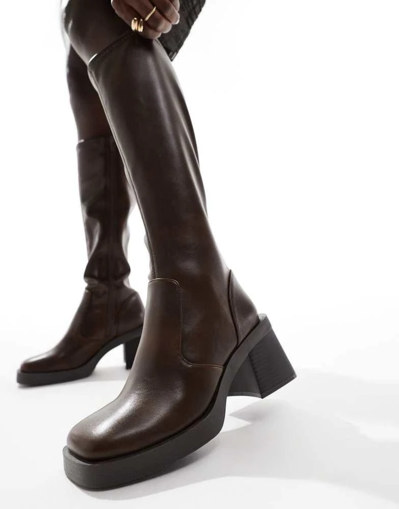ASOS ASOS DESIGN Charlotte heeled knee boots in brown 1