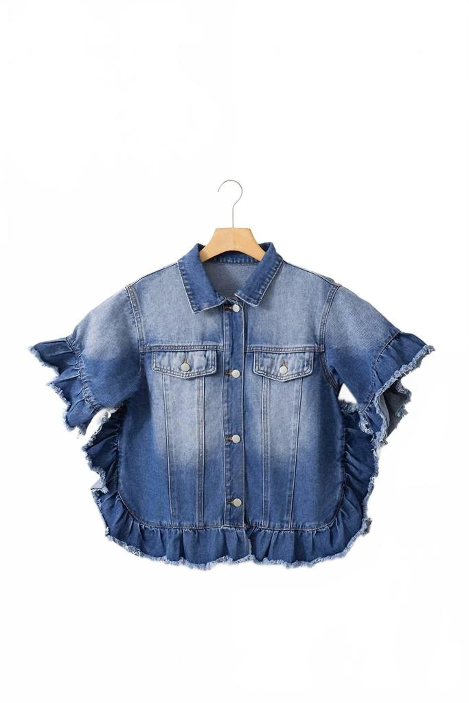 Aapparella Raw Edge Ruffled Short Sleeve Jacket In Denim 3
