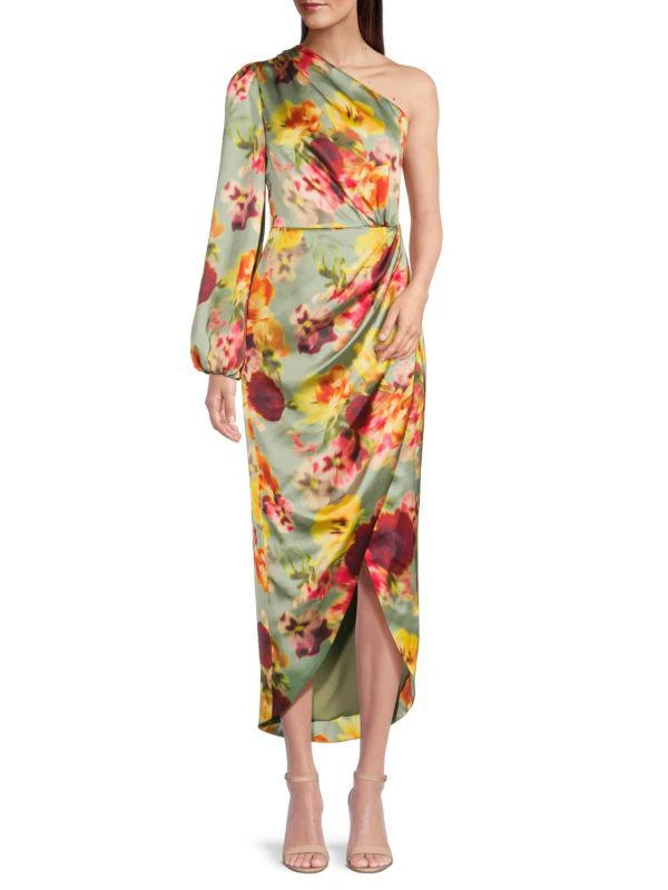 BCBG Floral Satin One Shoulder Midi Dress 1