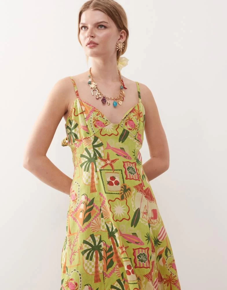 Reclaimed Vintage Reclaimed Vintage midi dress with bust cup detail and godets in holiday postcard print 3