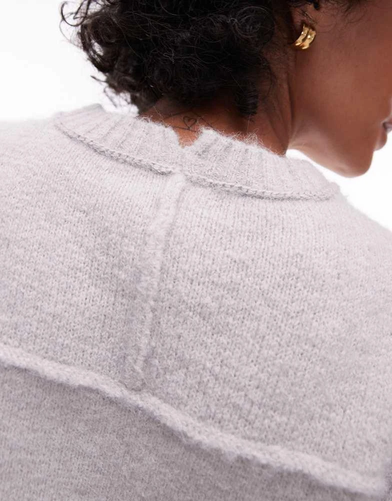 Topshop Topshop knitted crew with raglan and exposed seam jumper in light grey 3