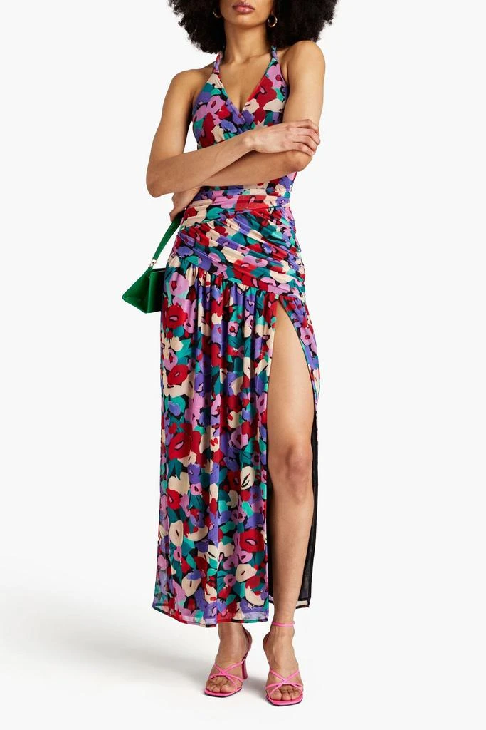 NICHOLAS Ruched printed stretch-mesh halterneck midi dress 2