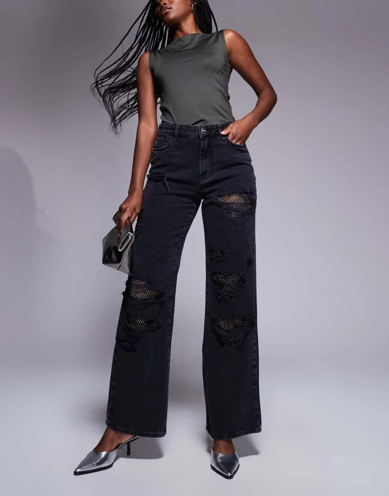 River Island River Island embellished super distressed straight leg jean in black 1