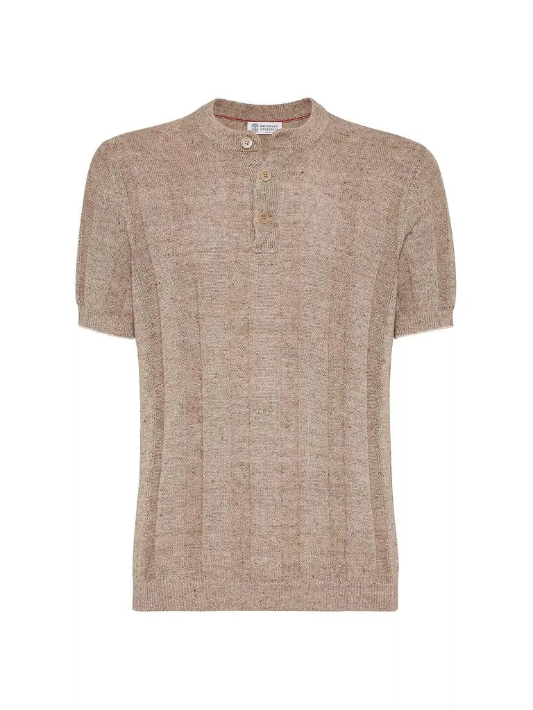 Brunello Cucinelli Linen and Cotton Textured Rib Knit T-Shirt with Henley Collar 1