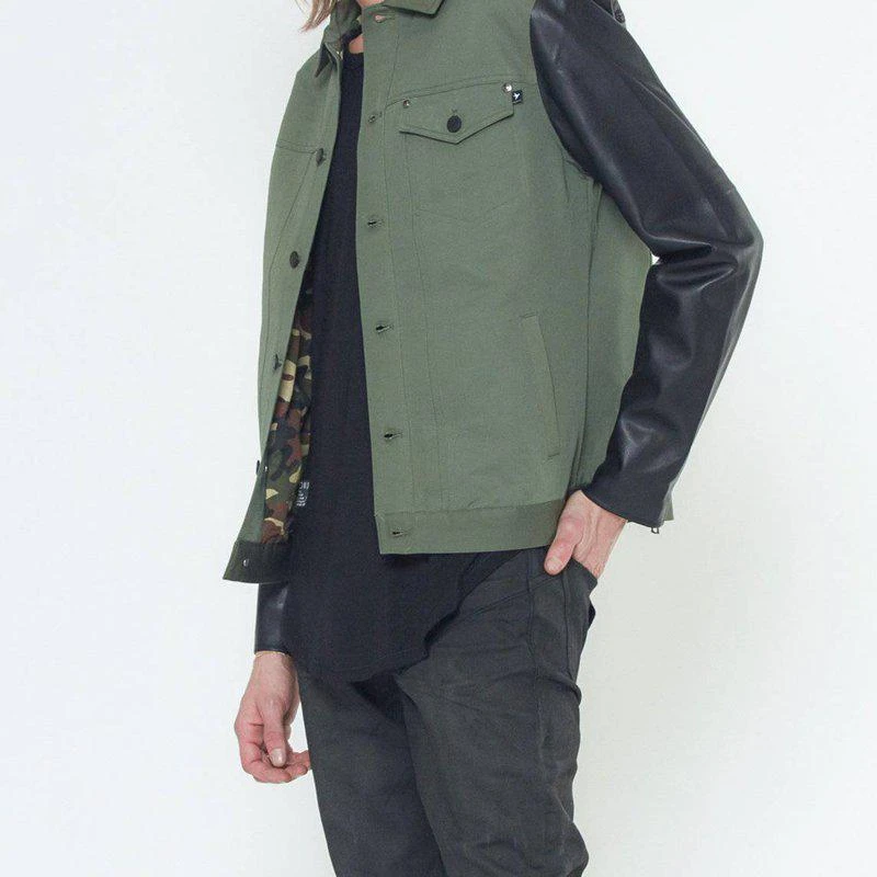 Konus Men's Faux Leather Trucker Jacket In Olive 2