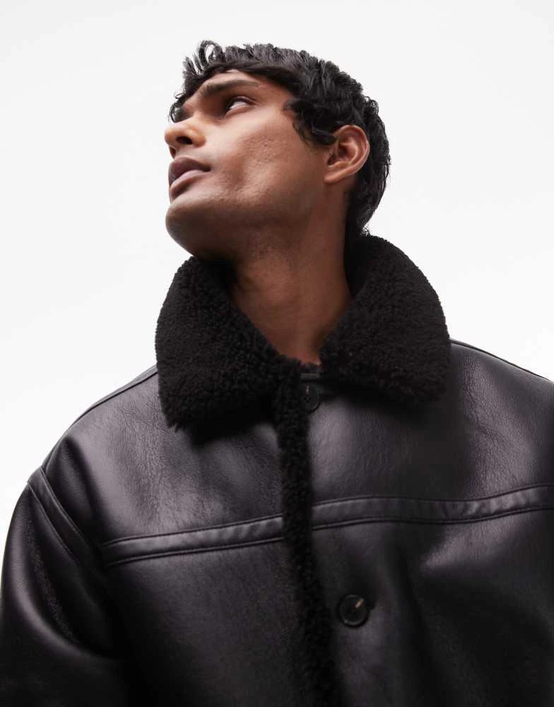 Topman Topman faux shearling jacket with shearling collar in black 3