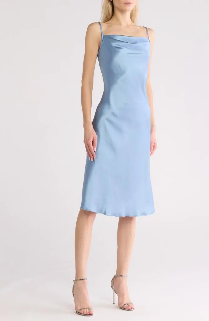Bebe Satin Cowl Neck Midi Dress