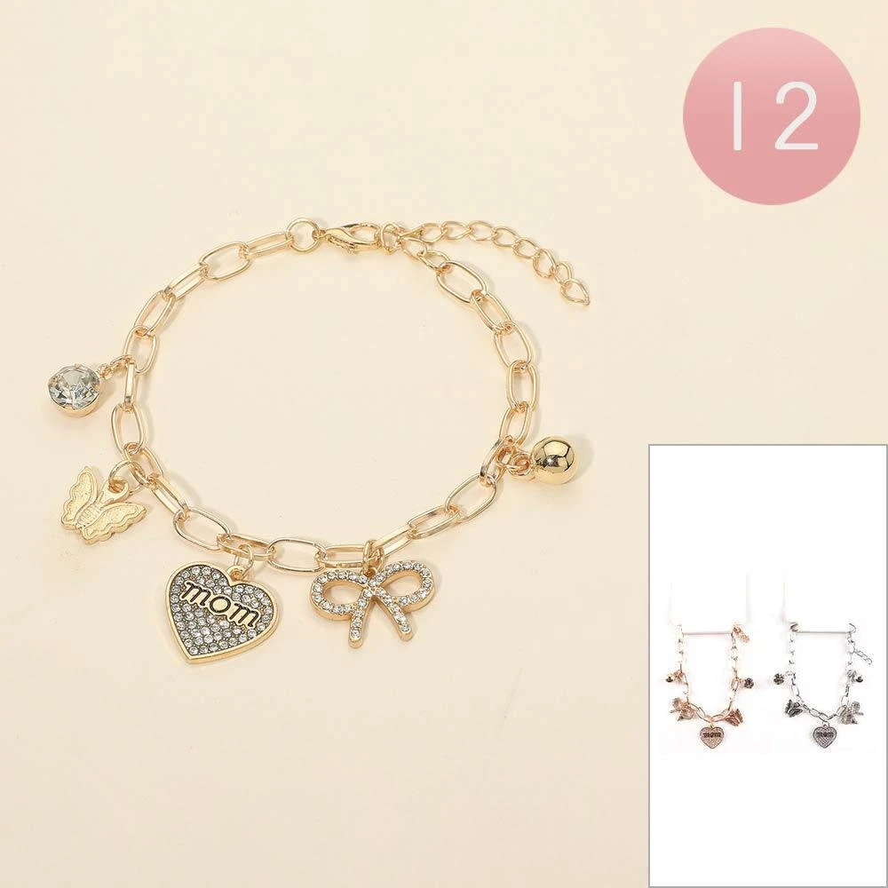 FASHNZFAB 12PCS - Mom Heart Bow Butterfly Stone Charm Station Paperclip Chain Bracelets