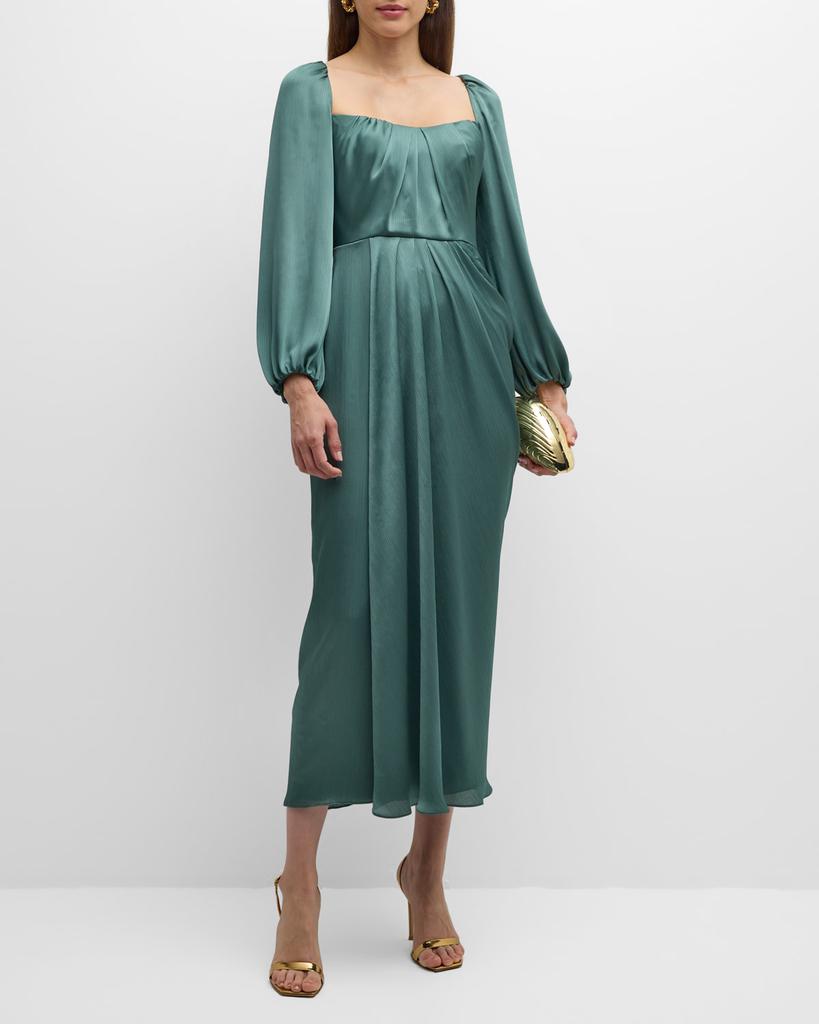 Lela Rose Square-Neck Long-Sleeve Draped Midi Dress