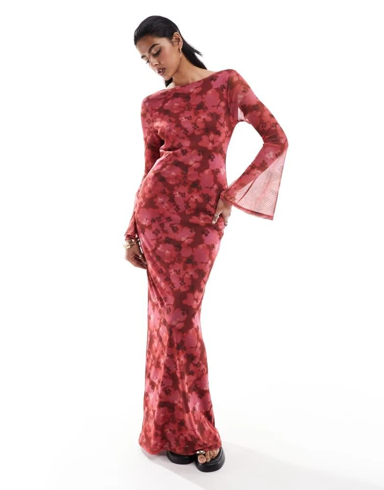 ASOS ASOS DESIGN low back floral mesh maxi dress with angel sleeves in red floral print 1