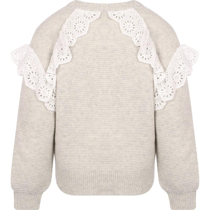 Designers Remix Girls Lace detail knitted wool sweater in oatmeal