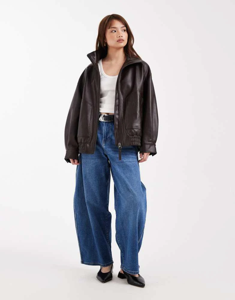 ASOS ASOS DESIGN Petite oversized leather look funnel bomber jacket in chocolate 4