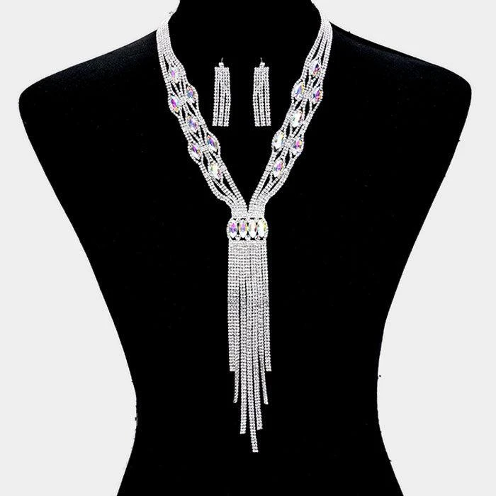 FASHNZFAB Rhinestone Trim Crystal Oval Fringe Necklace