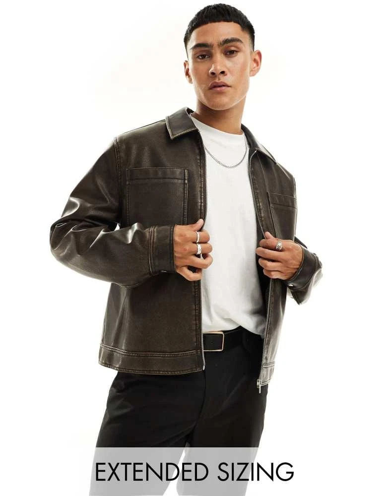 ASOS ASOS DESIGN faux leather harrington jacket in washed brown 1