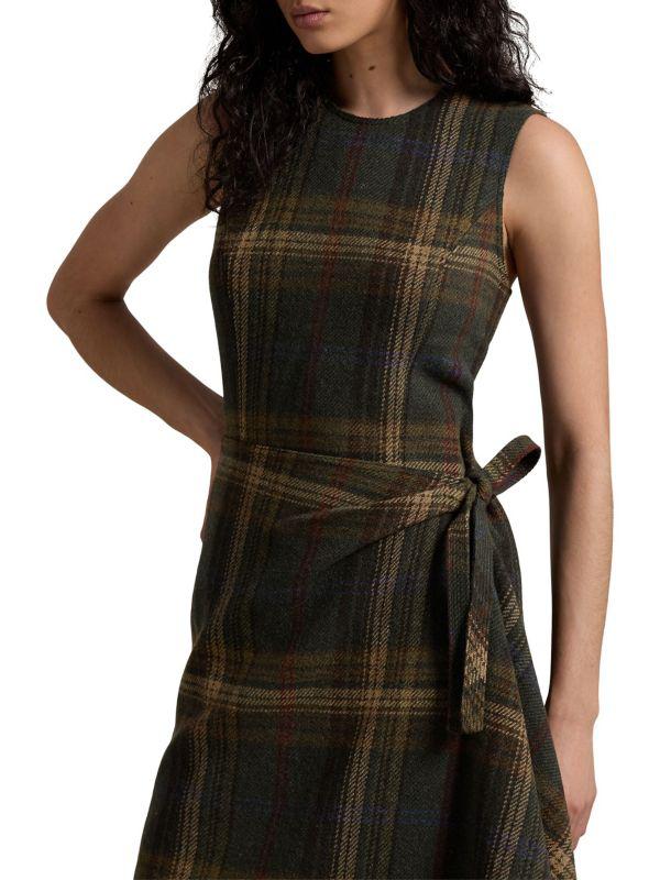 Ralph Lauren Check Wool-Blend Sleeveless Faux Wrap Midi-Dress