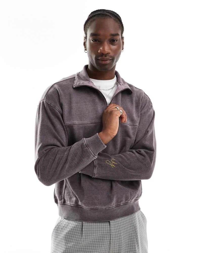 Native Youth Native Youth heavy wash quarter zip sweatshirt in brown 1