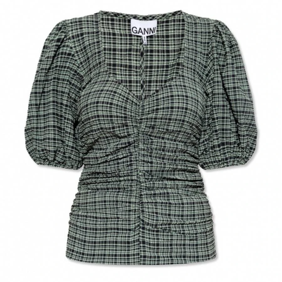 Ganni Check Seersucker Ruched Blouse 1