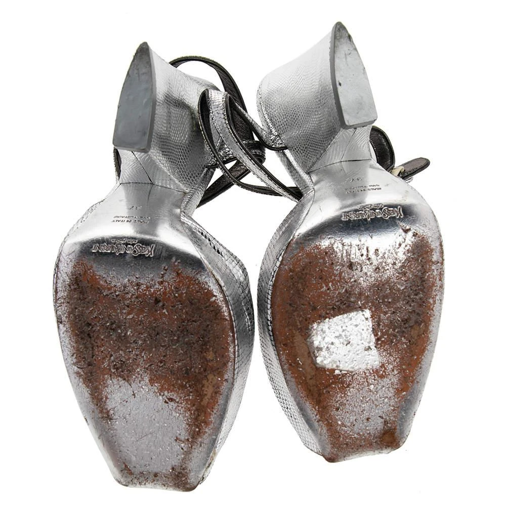 Yves Saint Laurent Saint Laurent Paris Silver Embossed Leather T Strap Sandals Size 37 6