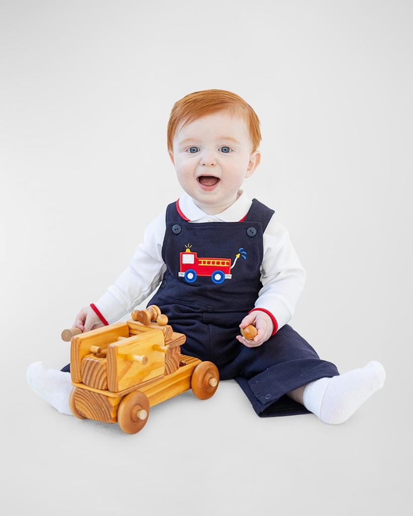 Florence Eiseman Boy's Fire Truck French Terry Jumpsuit W/ Polo Shirt, Size 6M-24M