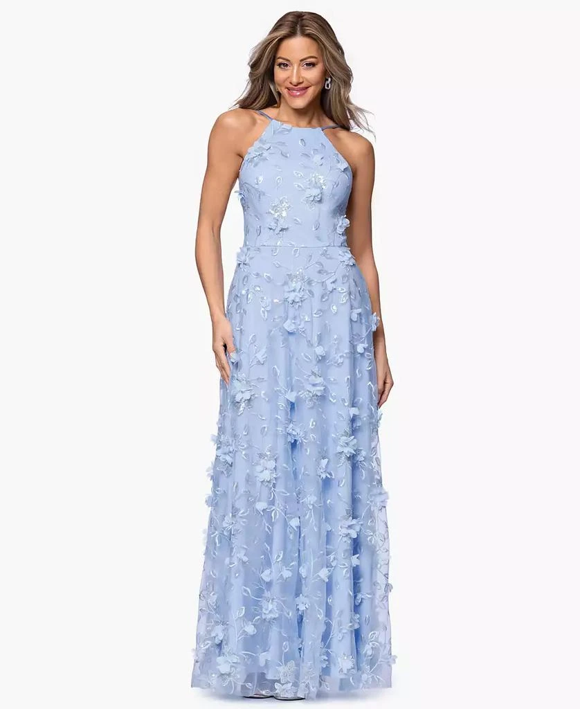Xscape Women's 3D Sequin Halter Neck Ball Gown - Light Blue - Size 6