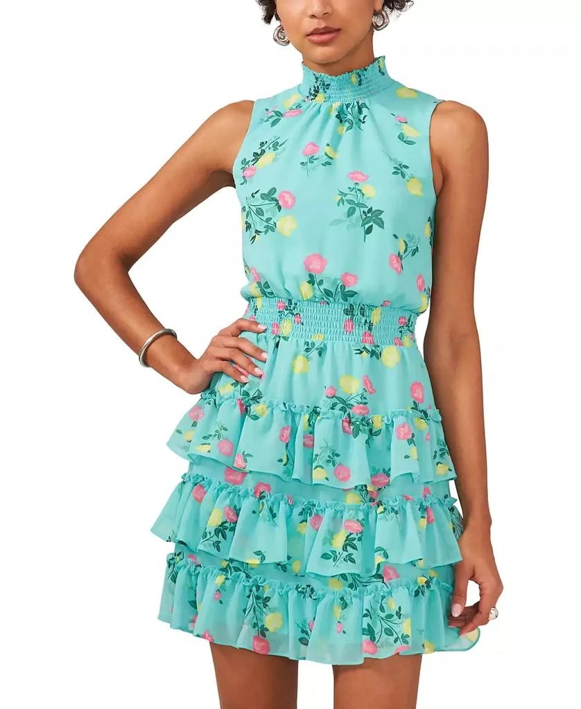 1. State Women's Floral Smocked Sleeveless Mock Neck Tiered Mini Dress 1