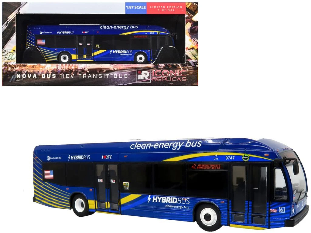 Iconic Replicas Nova Bus LFSH HEV Hybrid Transit Bus MTA New York City Blue Yellow Graphics 1/87 HO Limited Edition 504 pcs