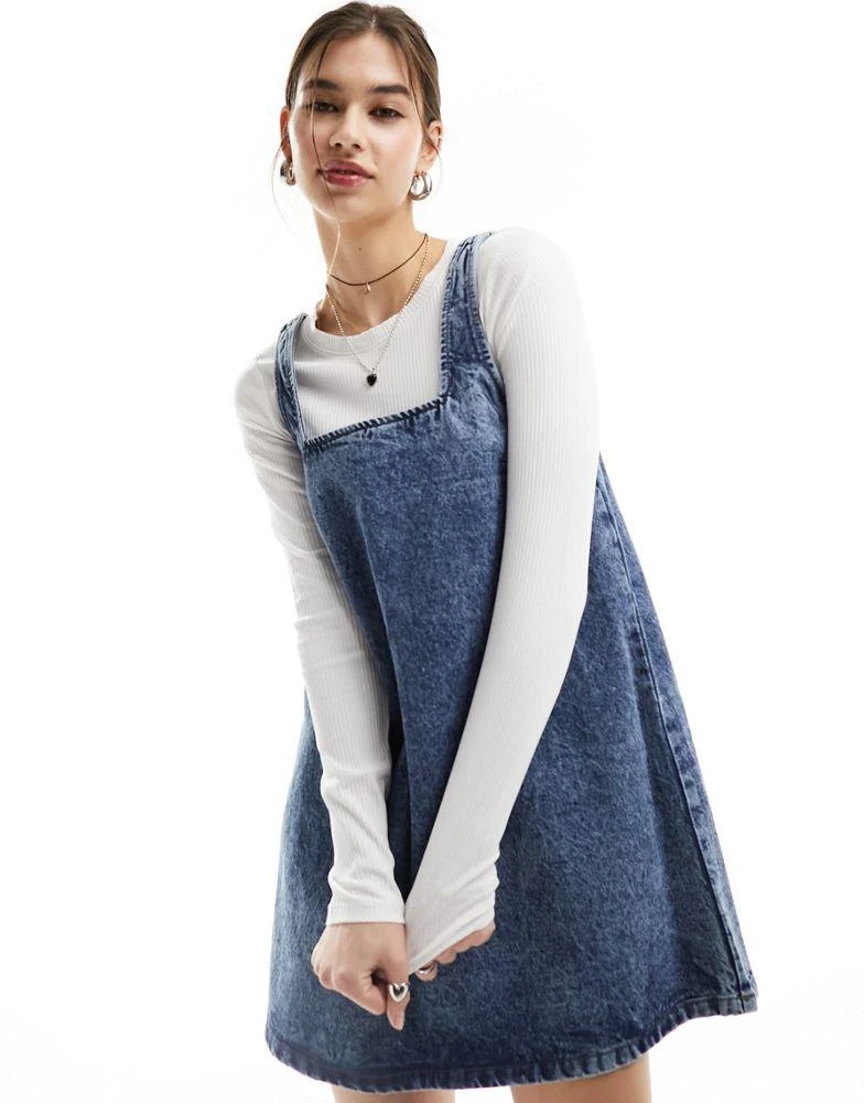 Monki Monki mini denim dungaree dress in soft acid blue wash 1