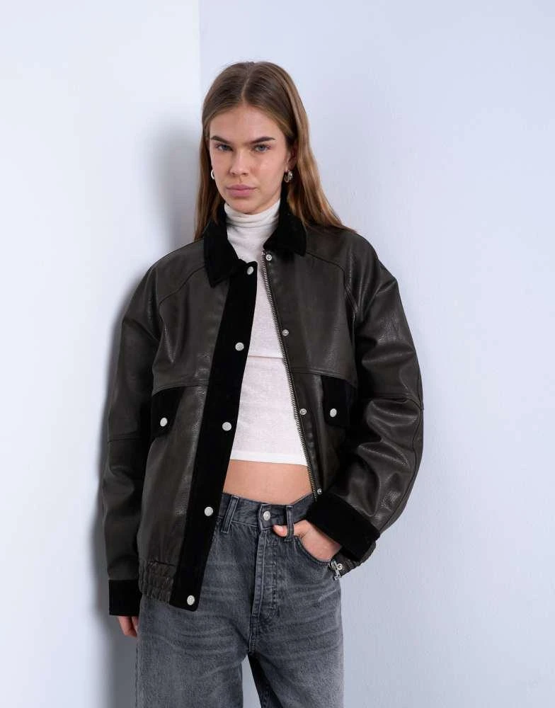 Topshop Topshop faux leather patch pocket jacket with faux suede contrast in brown